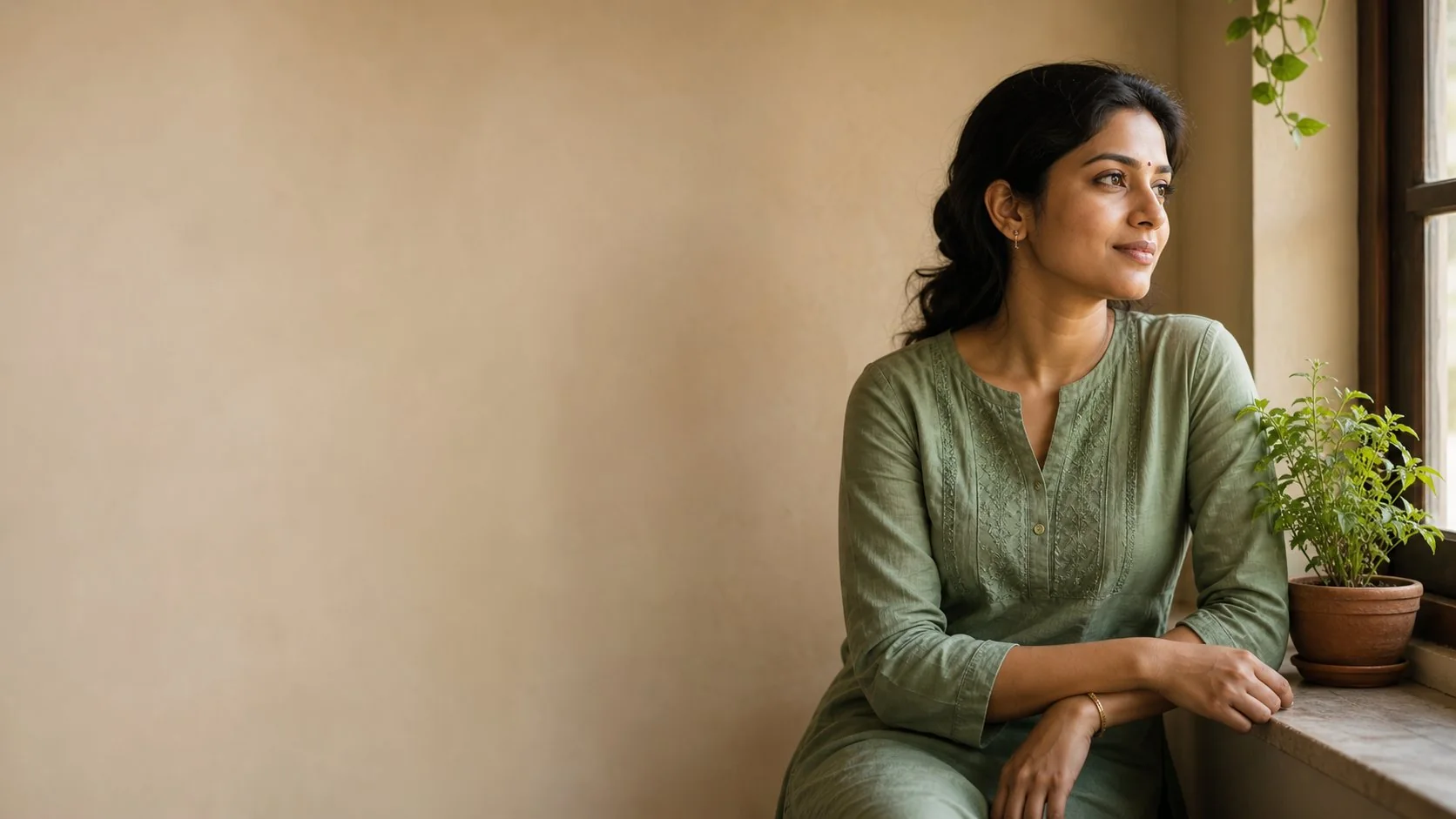 Illustrative lifestyle image of an Indian woman in a reflective moment at home